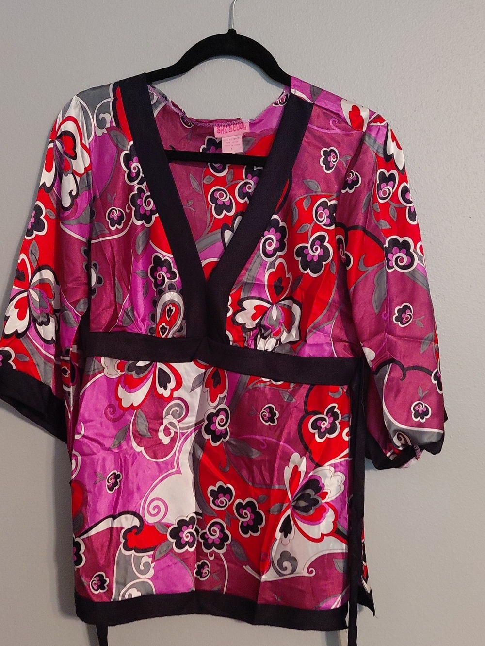 She's Cool Pink and Red Floral V-Neck Tunic with Black Trim